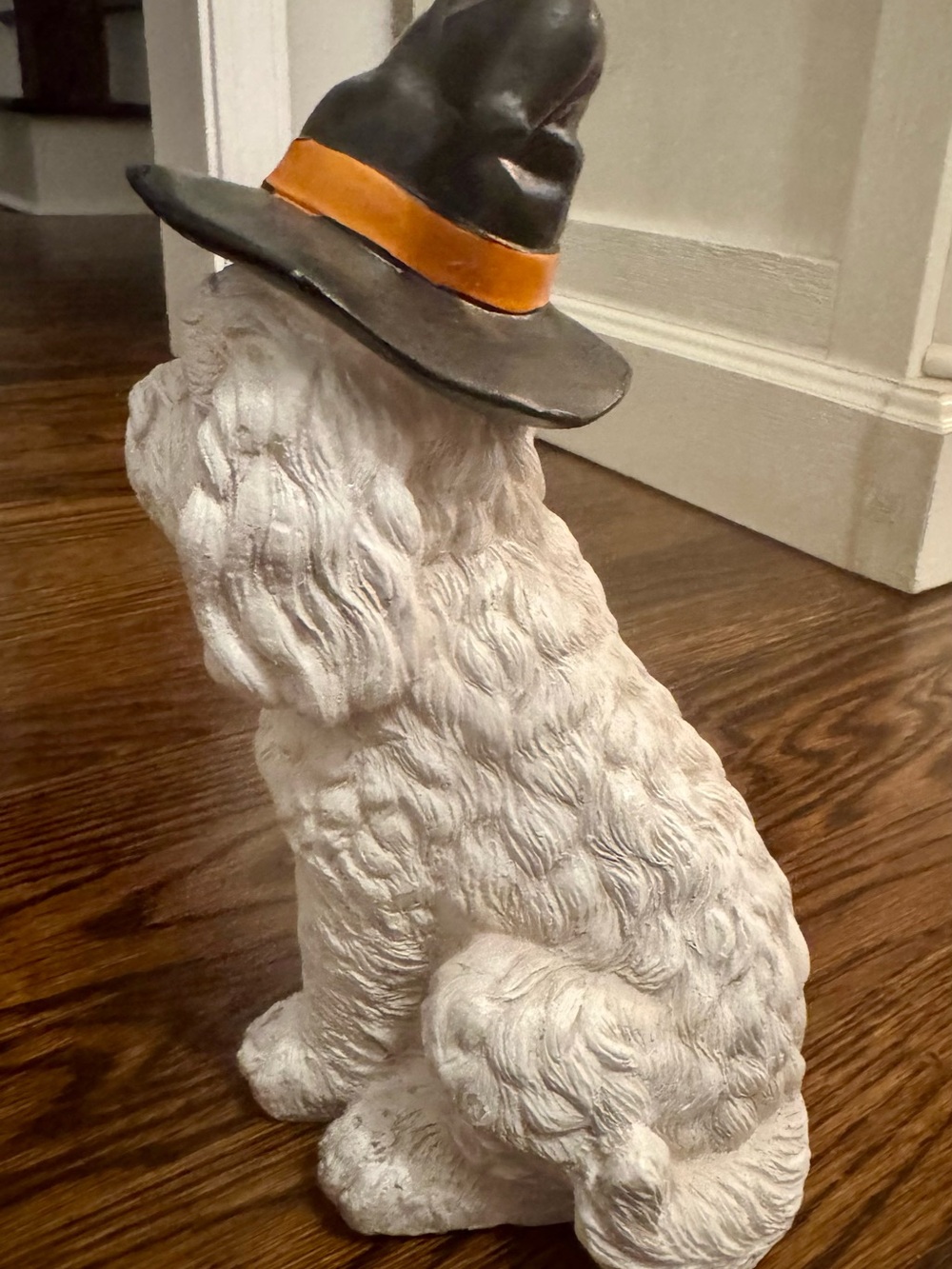 White Maltese Halloween Dog Statue with Black Witch Hat - Picture 7 of 12